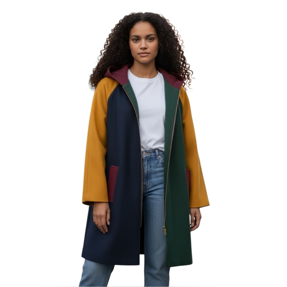 ***SOLD***VTG. Donny Brook Wool Blend Colorblock Hooded Swing Coat. SZ.L